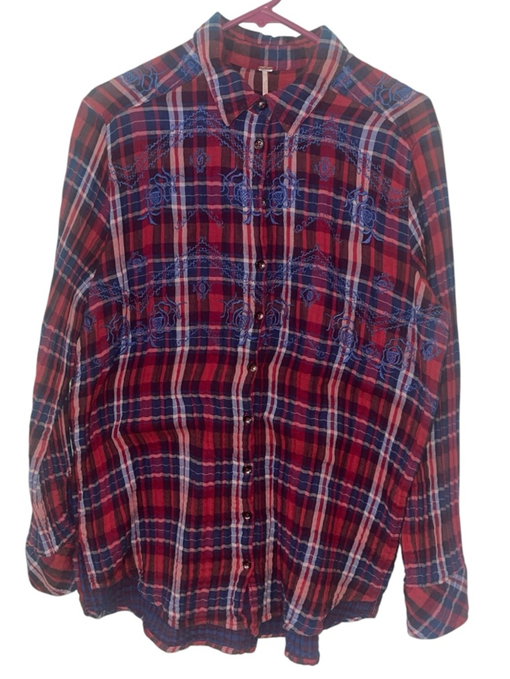 Free People “Magical” plaid button down embroidered shirt. Size large GUC - Picture 4 of 8